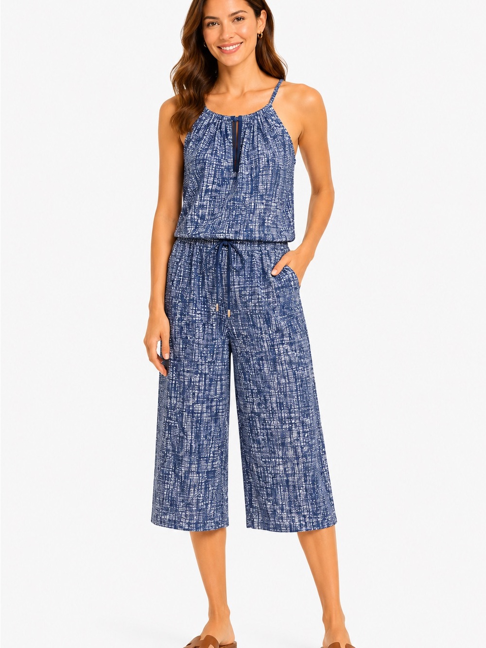 London Times Navy Patterned Sleeveless Wide-Leg Jumpsuit